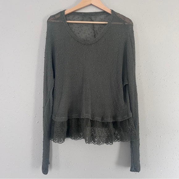 Green Semi Sheer Elegant Lace Trimmed Top Blouse Boho Bohemian Casual Large - Picture 1 of 5